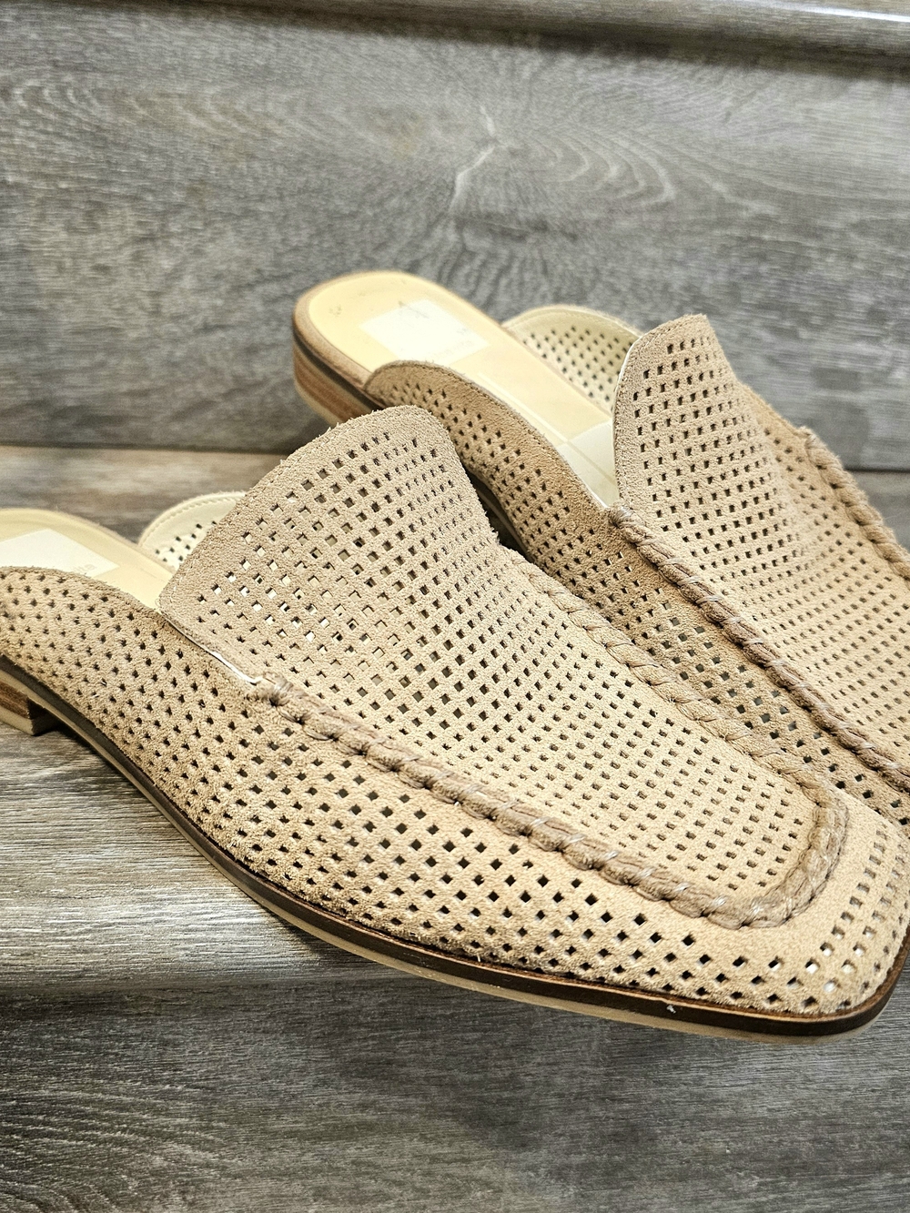 Dolce Vita Bryven Tan Suede Perforated Mule Loafers Square Toe Neutral Slip On